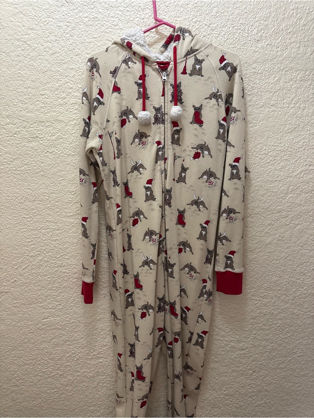 Cream Holiday Dog Print Hooded Pajamas with Red Accents